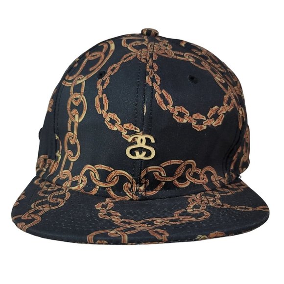 NWOT Stussy Capz Chain Flat Bill Strapback Hat Brown Black One Size Adj 5 Panel - Picture 1 of 11